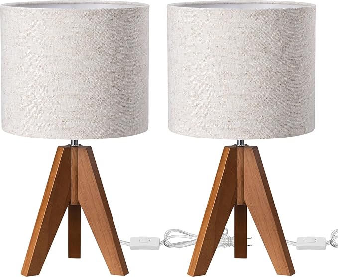 EDISHINE Small Table Lamp, Wooden Tripod Bedside Lamp with Linen Fabric Lampshade, 14.2" Nightstand Lamp for Bedroom, Living Room, Office, 2 Pack