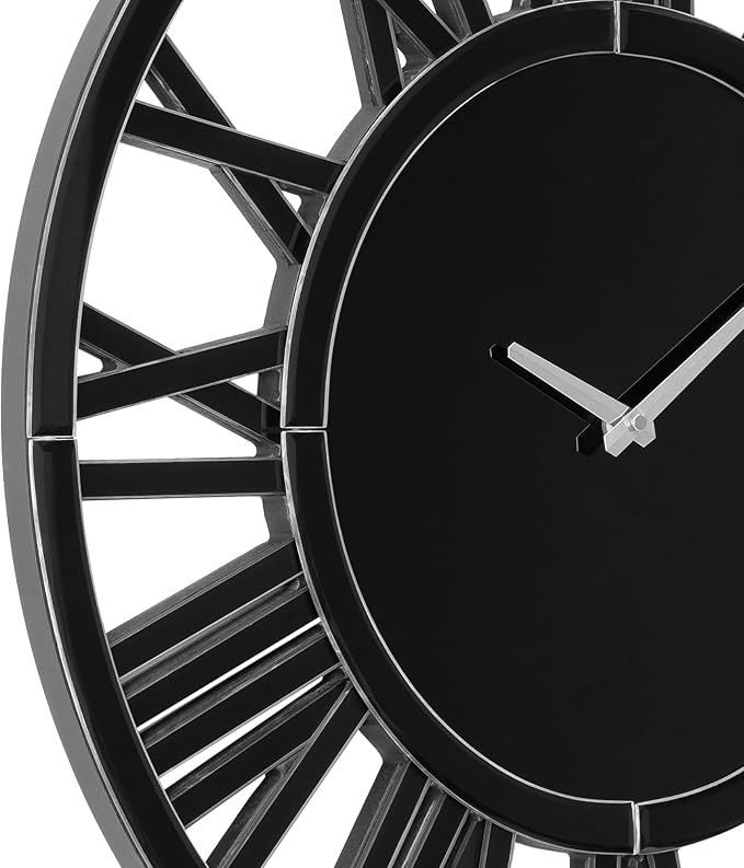 SHYFOY 32" Modern Black Mirror Finish Wall Clock with Roman Numerals – Silent, Non-Ticking – Decorative Wall Clock for Living Room, Bedroom, Office