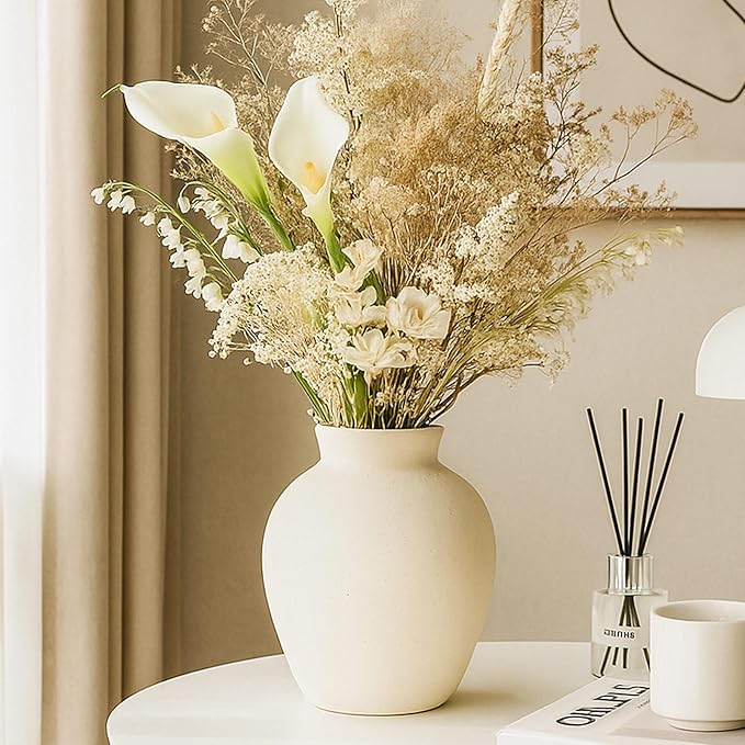 Ceramic Decorative Flower Vase | 6 Inch Pottery Rustic Farmhouse | Boho | Whitewashed Terracotta Vase for Home Decor, Table, Living Room, Bathroom, Shelf, Mantel Decoration, Terra, White