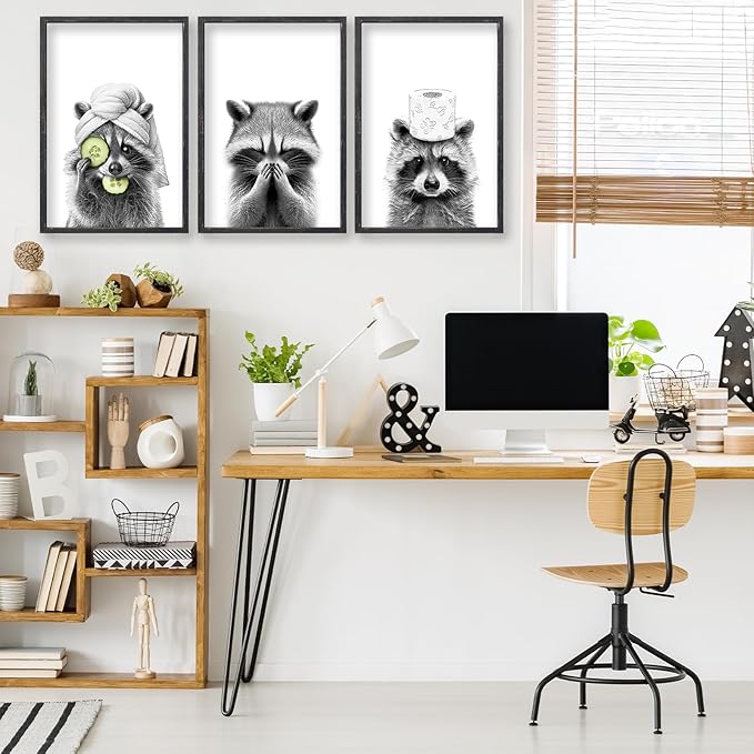 Adorable Raccoon Bathroom Wall Art Decor Set of 3 16x11 Inch Modern Funny Bathroom Sign Wood Framed Rustic Farmhouse Interestring Washroom Animal Prints Wall Hanging (Black)