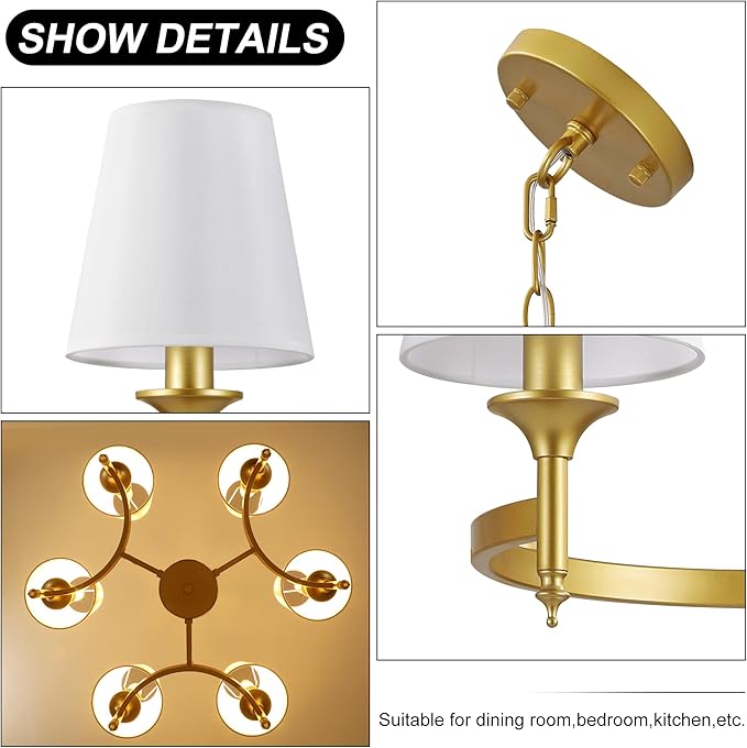 Gold Chandelier with White Shades, 6-Light Modern Farmhouse Chandeliers for Dining Room, Rustic Round Hanging Light Fixture for Kitchen Island Bedroom Office Living Room Entryway