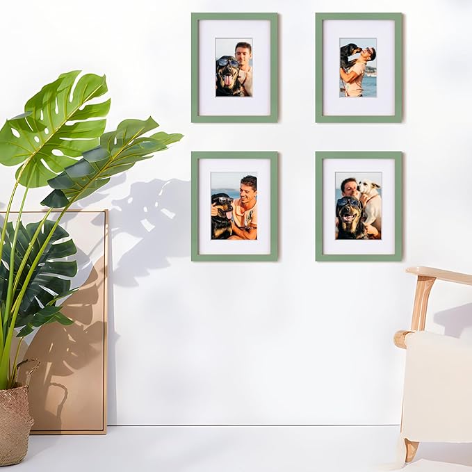 Egofine 9x12 Picture Frames 4PCS Covered by Plexiglass, Wood Frames for Pictures 5x7/6x8 with Mat or 9x12 without Mat, Tabletop and Wall Mounting Display, Green