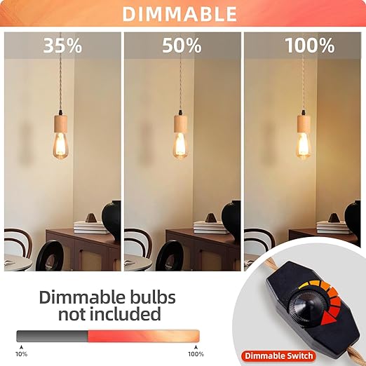 Arturesthome Wood Pendant Light Cord Kit with Dimmable Switch,16.4FT Vintage Industrial Hanging Plug in Lamp Cord with Twisted Nylon Rope Socket E26 E27 for Farmhouse Lamp Cable Retro DIY