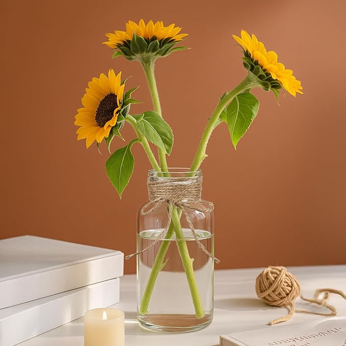 Vintage Glass Flower Vase Bulk 16 Pack Farmhouse Transparent Centerpiece Vases with Hemp Rope Mason Jars for Weddings Parties Dining Table Home Decor(Large)