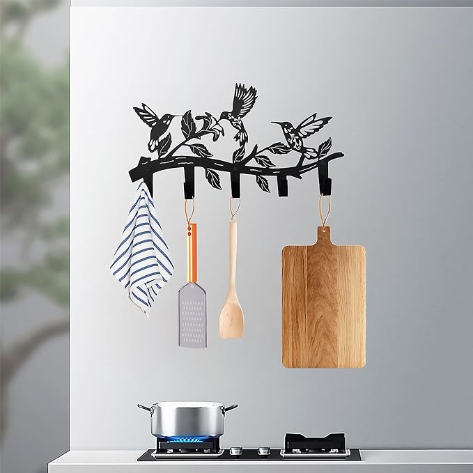 Metal Hummingbird Coat Hooks Wall Art Decor-Hummingbird Hangers and Key Holder-Animal Theme Hooks Sweet Home Decor for Storage, Living Room, Hallway, Office (Black)