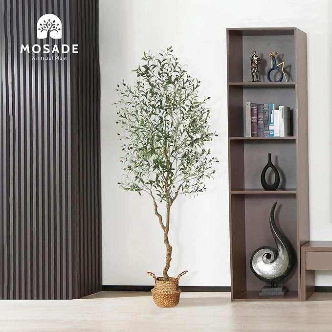 MOSADE Artificial Olive Tree 7 Feet Fake Olive Silk Plant and Handmade Seagrass Basket, Perfect Tall Faux Topiary Silk Tree for Indoor Entryway Modern Decor Home Office Porch Balcony Gift,2Pack
