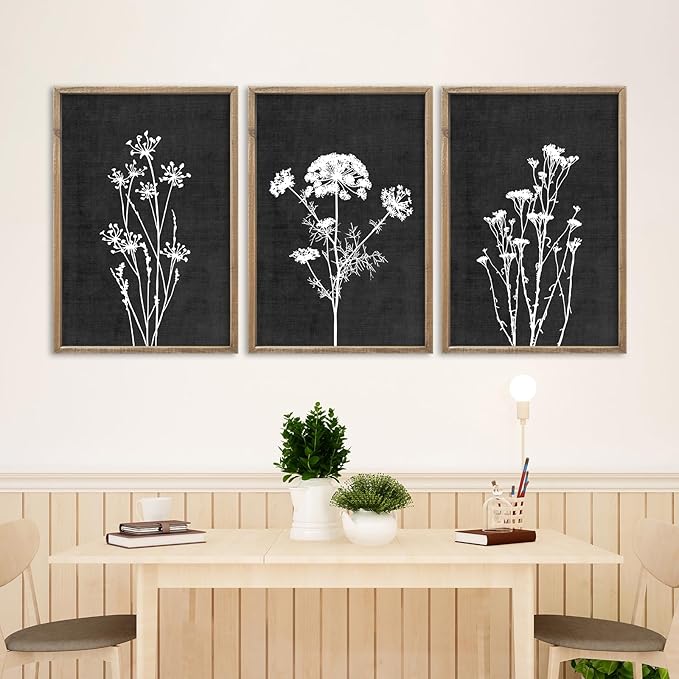 Flower Plant Wall Art Decor 16"x11" Set of 3 Black And White Botanical Painting Wood Framed For Minimalist Bedroom Office Rustic Living Room Abstract Wildflower Sign Hanging (Wood Black)