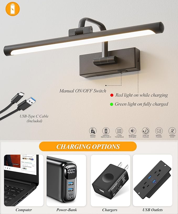 Picture Lights for Wall Battery Operated, Rechargeable Light for Picture with Remote & Timer, Black Art Light for Paintings Wireless Dimmable Cordless Gallery Frame Lights 16 Inch with 3CCT