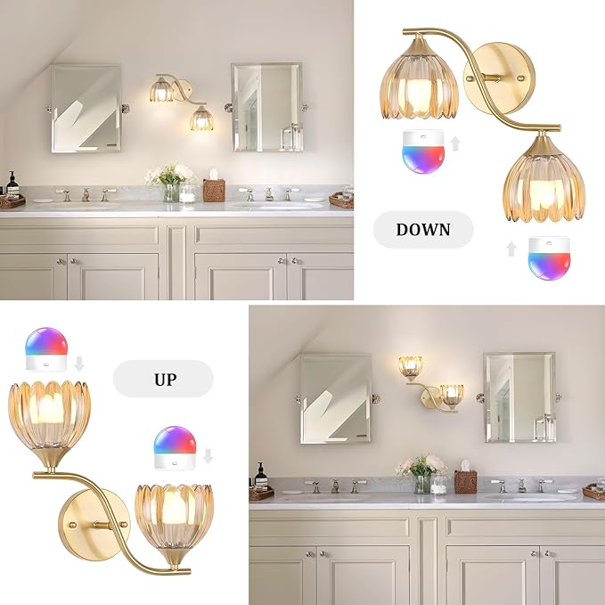 Battery Operated Wall Sconce, 2-Lights Vinatge Brass Wall Lighting with Amber Tluip Shade Rechargeable Bulb with Remote for Living Room, Bedroom