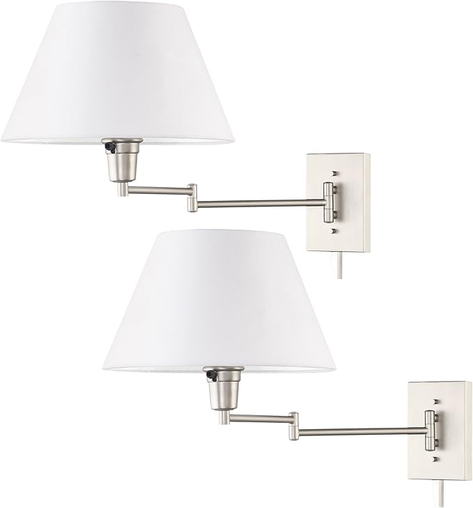 Kira Home Cambridge 15" Swing Arm Wall Lamp - Plug in/Wall Mount + White Fabric Shade, 150W 3-Way + Cord Covers, Satin Nickel Finish, 2-Pack