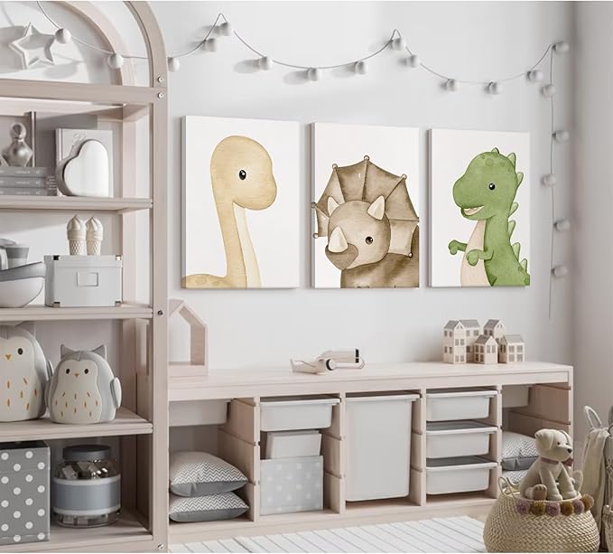 Dinosaur Wall Art Kids Boys Room Canvas Wall Decor Dino Nursery Wall Art Pictures Baby Dinosaur Poster Prints for Boys Bedroom Bathroom 12x16 Inch Framed Set of 3