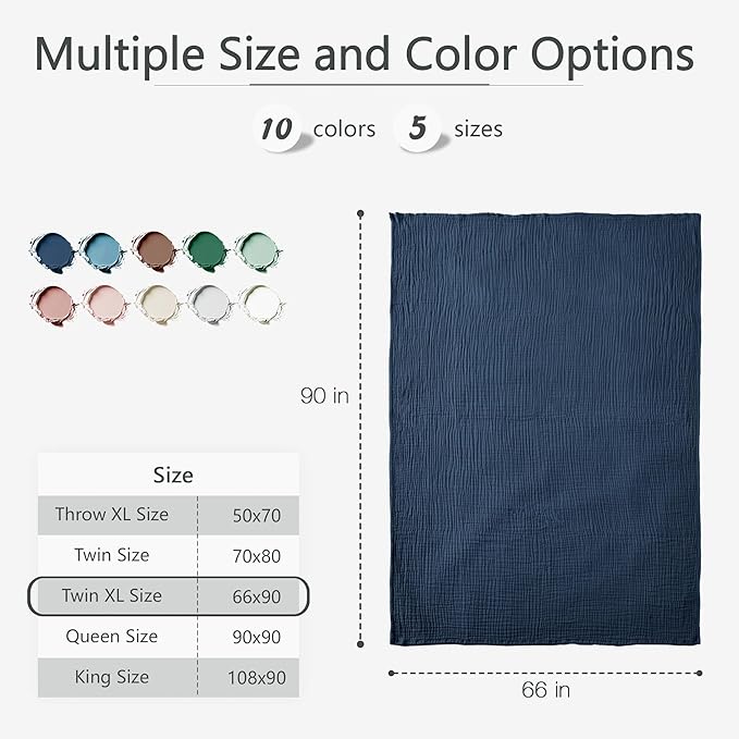 Carriediosa 100% Cotton Muslin Throw Blanket 66" X 90" Twin XL Size,4-Layers Summer Gauze Throws for Bed Couch,Soft Lightweight Breathable Linen Blankets Bedspread for Adults All Season,Navy Blue