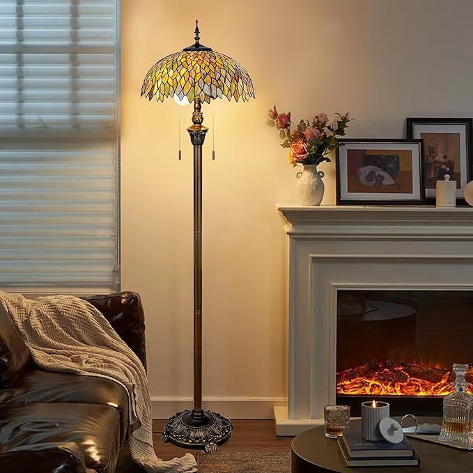 Tiffany Floor Lamp Green Wisteria Style Stained Glass Standing Reading Light 16x16x64 Inch Retro Inspired Pole Corner Lighting Art Decor for Bedroom Living Room Home Office (Green Leaves)