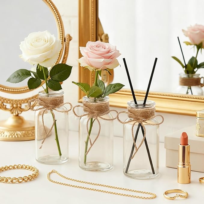 Vintage Glass Flower Vase Bulk 16 Pack Farmhouse Transparent Centerpiece Vases with Hemp Rope Mason Jars for Weddings Parties Dining Table Home Decor(Medium)