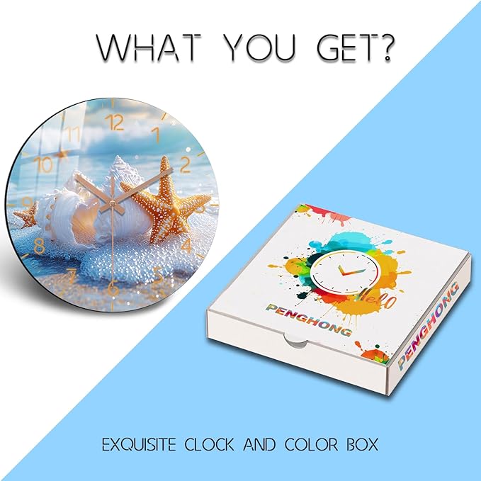 Coastal Wall Clock 12 inch Battery Operated Modern Wall-Clock Sea Star Pattern Clocks Analog Wooden Clock Non Ticking for Bedroom, Office Decor