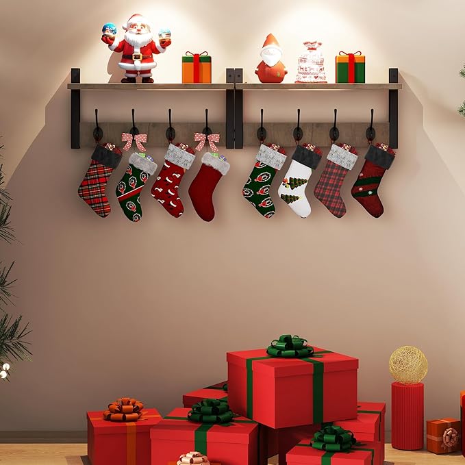 YMYNY Coat Rack Shelf Wall Mounted, Coat Hooks Set of 2, Entryway Coat Hanger with 8 Hooks, 31.5" Wall Floating Shelf with Hat Rack, for Kitchen, Bedroom, Bathroom, Silver Gray UHWS001Y-2