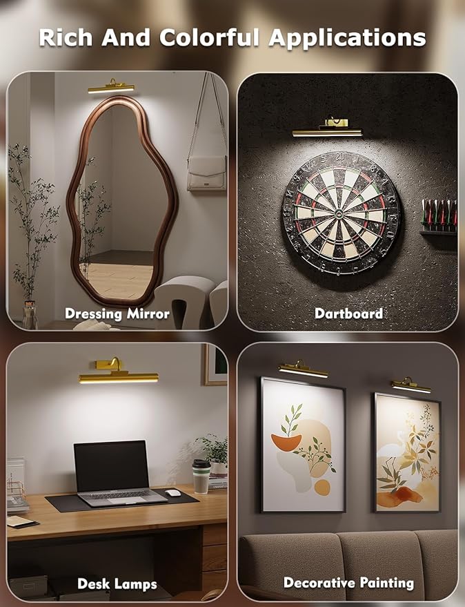 Picture Light Battery Operated, 13in Wireless Art Light for Paintings, Dimmable 5000mAh Recharging Battery Picture Light with Remote Control for Wall, Gallery Dartboard Art Bedroom (Gold-2Pack)