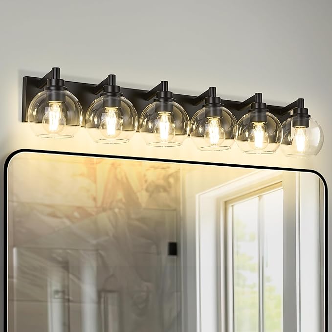 Bathroom Light Fixtures, 6 Light Matte Black Vanity Light, 38 Inch Modern Wall Sconces with Globe Clear Glass Shade, Vanity Lighting Fixtures Over Mirror, VL195-MB-6