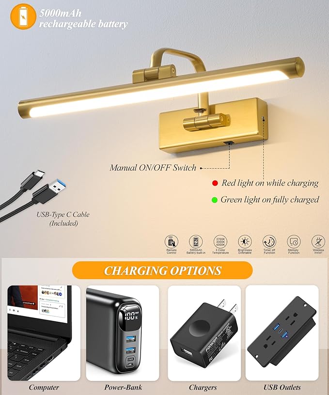 Picture Light for Wall,Gold 16 inch Rechargeable Art Battery Lights Wireless Remote and Timer,Dimmable Wall Sconce Battery LED Painting Light with 3 Color Temperatures for Gallery,Living Room,Hallway