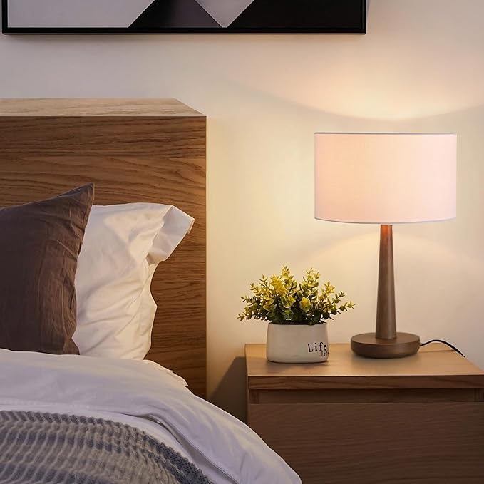 18.5" Tall Table Lamp for Living Room, Dimmable Modern Walnut Wood Desk Lamps for Bedroom, UL Listed Nightstand Lamp, End Table Lamps for Entryway, Console, Office, Dorm, White Line Shade