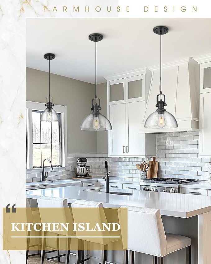 2 Pack Pendant Lights Kitchen Island, 7.5" Black Pendant Lighting with Clear Seeded Glass Shade, Farmhouse Hanging Light Fixtures for Dining Room, AD-22151-1P2-BK