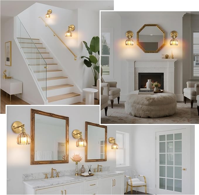 Battery Operated Wall Sconce Set of 2 with Amber Floral Glass Shade Vintage Wireless Wall Light with Remote Control for, Living Room, Bedroom, Dressing Table and Bathroom Timer/Memory Function/Dimmer