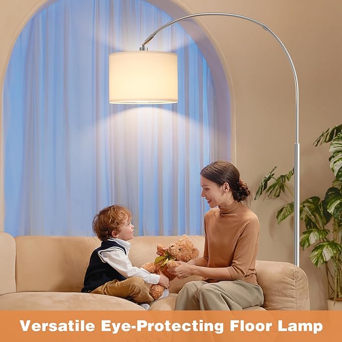 Ambimall Dimmable Arc Floor Lamp with Remote, Color Temperatures and Brightness Adjustable, Arched Floor Lamp with Rotating Head, Over Couch Arched Reading Light for Living Room (White and Silver)