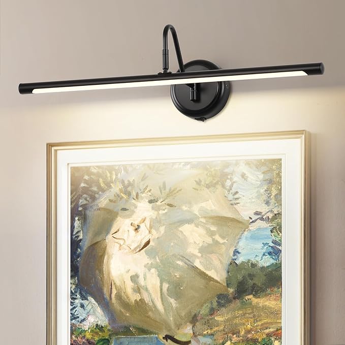 JOOSENLUX Battery Operated Picture Lights Modern Wireless Wall Lights 24.4" Inch Dimmable Under Counter Lights for Kitchen with Swing Arm as Canvas Wall Sconce Light Black 3000K CRI95+