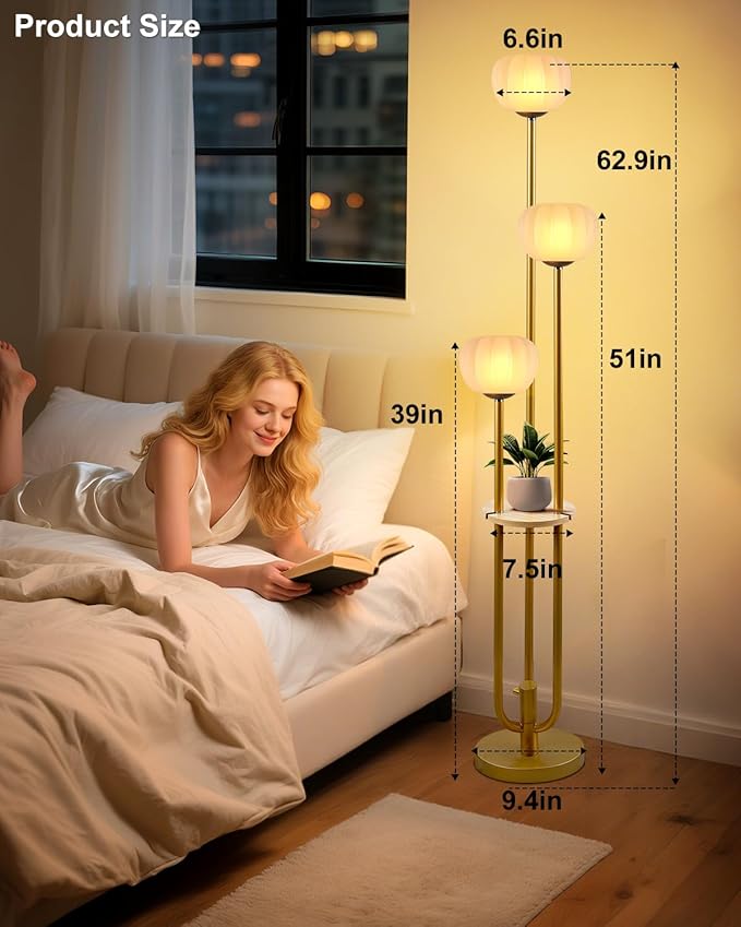 Lightdot Gold Floor Lamp with Table, Modern Dimmable Floor Lamps with Pumpkin Lampshade, 3000K Soft Warm White Bulbs Included, 3-Light Tall Standing Lamp for Living Room/Bedroom