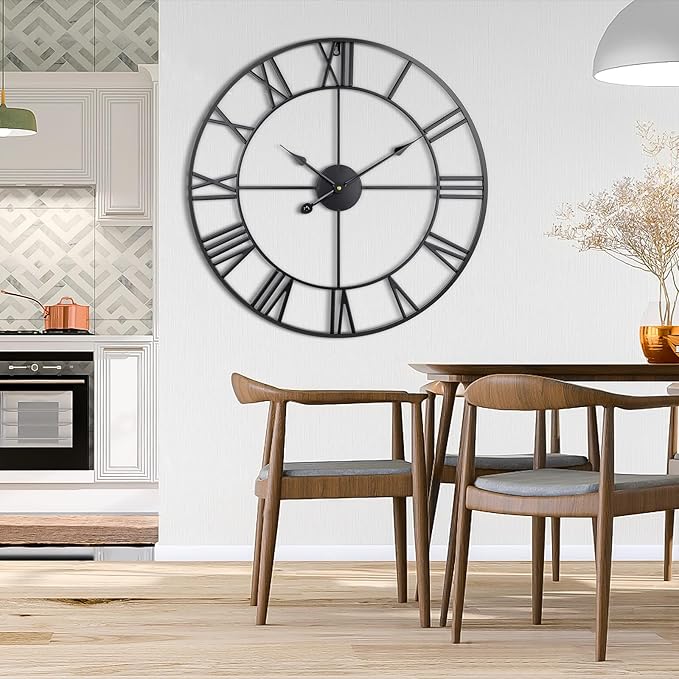 Large Wall Clock, 24-Inch(60CM) Roman Numeral Decorative Art Clock,Completely Silent, Non Ticking, Battery-Operated Metal Wall Clock for Living Room, Bedroom and Kitchen (Carbon Black)