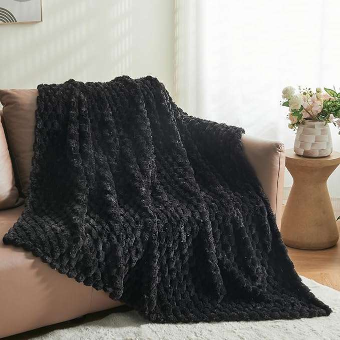 NEWCOSPLAY Super Soft Throw Blanket Black Premium Silky Flannel Fleece 3D Clouds Stylish Jacquard Lightweight Bed Blanket All Season Use 350GSM (Black, Throw(50"x60"))