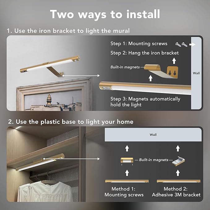 Wireless Picture Lights for Wall 2 Pack, Remote Control, 3 Color Dimming and Timer, 14in Rechargeable Art Display Light with Digital Display, Portrait Lights for Painting Frame Dartboard Gold