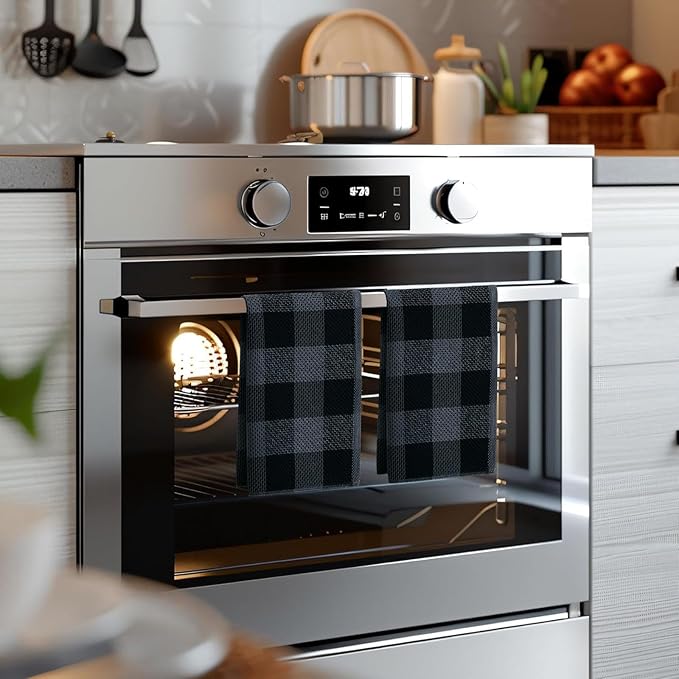 Homaxy 100% Cotton Waffle Weave Check Plaid Kitchen Towels, 20 x 28 Inches, Super Soft and Absorbent Dish Towels for Drying Dishes, 4-Pack, Black & Grey