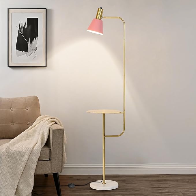 Hsyile Contemporary Modern Creative Floor Lamp with a Table,Suitable for Living Room,Den,Office,Bedroom - Standing Lamp Tall Floor Lamp - Brushed Brass Finish and Pink Lampshade