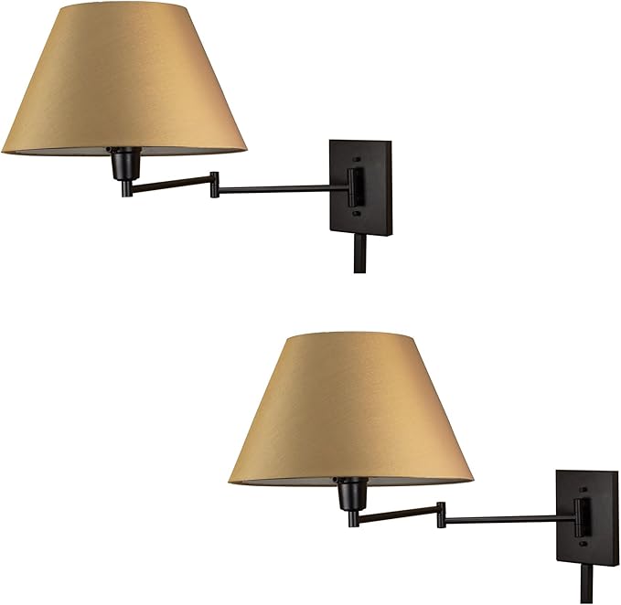 Kira Home Cambridge 15" Swing Arm Wall Lamp - Plug in/Wall Mount + Golden Bronze Fabric Shade, 150W 3-Way, Black Finish, 2-Pack