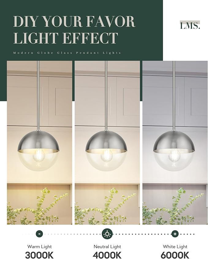 LMS Modern 1-Light Pendant Light Fixtures, Brushed Nickel Kitchen Island Pendant Light Fixtures with Clear Globe Glass, Adjustable Hanging Rod Ceiling Light for Dining Room Bathroom, LMS-186BNC