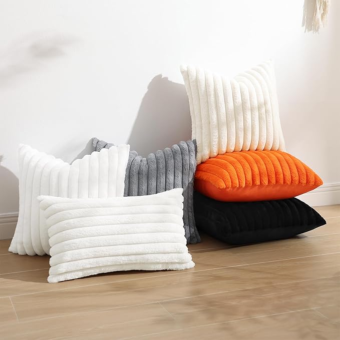 decorUhome Faux Fur Throw Pillow Covers 16x16 Set of 2, Decorative Soft Plush Striped Neutral Couch Euro Pillow Covers with Velvet Back for Sofa, Bed, Living Room Home Decor, Black