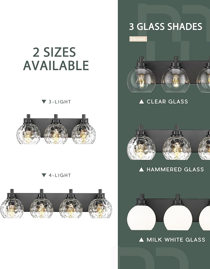 Bathroom Light Fixtures Over Mirror, 3-Light Matte Black Vanity Light with Clear Hammered Glass Globe Shade, Modern Sconces Wall Lighting for Bedroom Hallway, VL200-MB-3