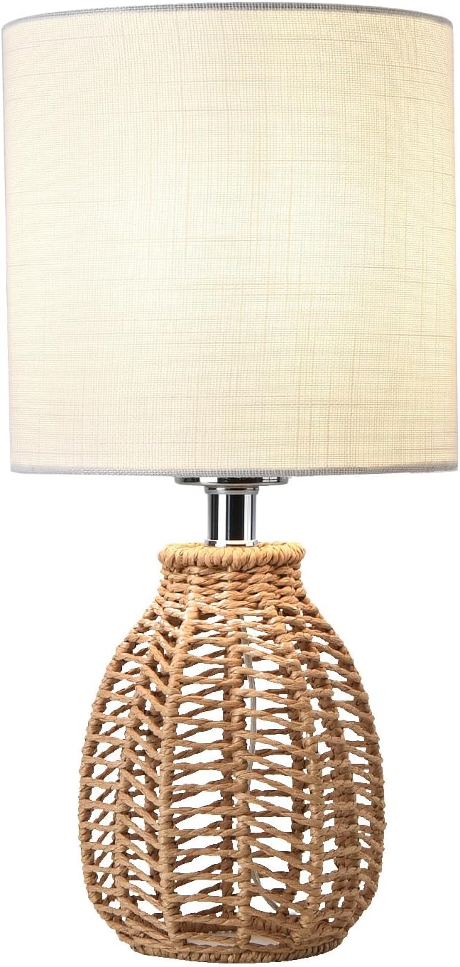 KUNJOULAM Rattan Table Lamp, Small Nightstand Lamp with Linen Fabric Lampshade, Desk Lamp Bedside Lamp for Living Room Home Office, Without Buld