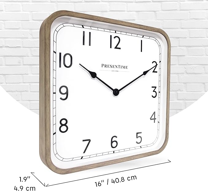 Presentime & Co. 16" Anton Modern Farmhouse Square Clock, Silent No Ticking, Wall Art and Timepiece for Home Decoration/Wall Décor, Light Gray Oak Color