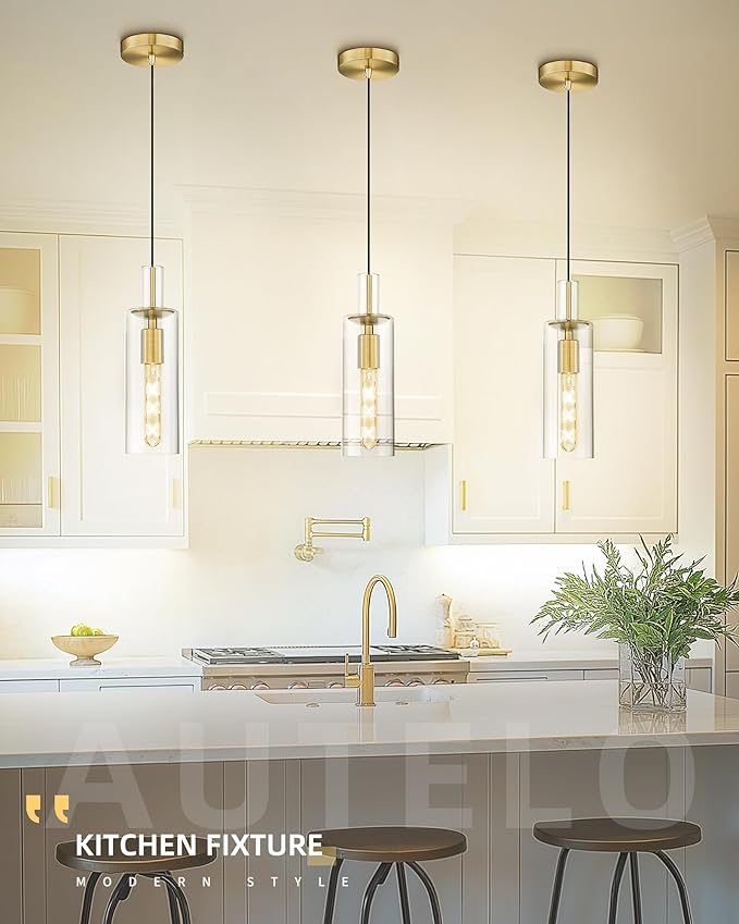 AUTELO Gold Pendant Lights - Glass Pendant Light Fixtures, Vintage Hanging Lamp in Brushed Gold Metal Finish with Clear Linear Glass, Kitchen Pendant Lighting Over Island for Dining Room, H3875 BG-M