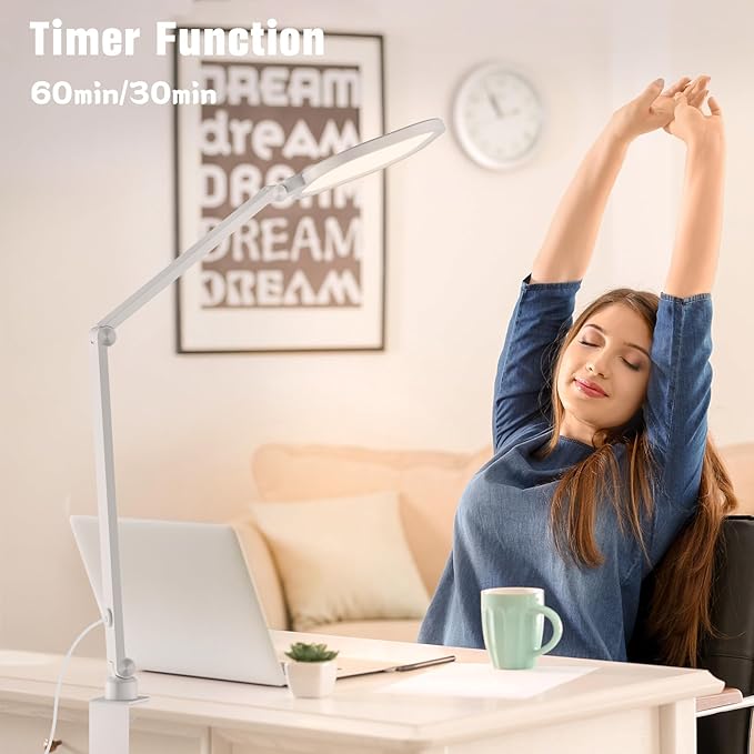 LED Desk Lamp for Home Office, 15W Desk Light with C- Clamp, Swing Arm, Memory & Timer Function, 1200LM Dimmable Computer Light for Video Calls, Conference, Study (White-Clamp)