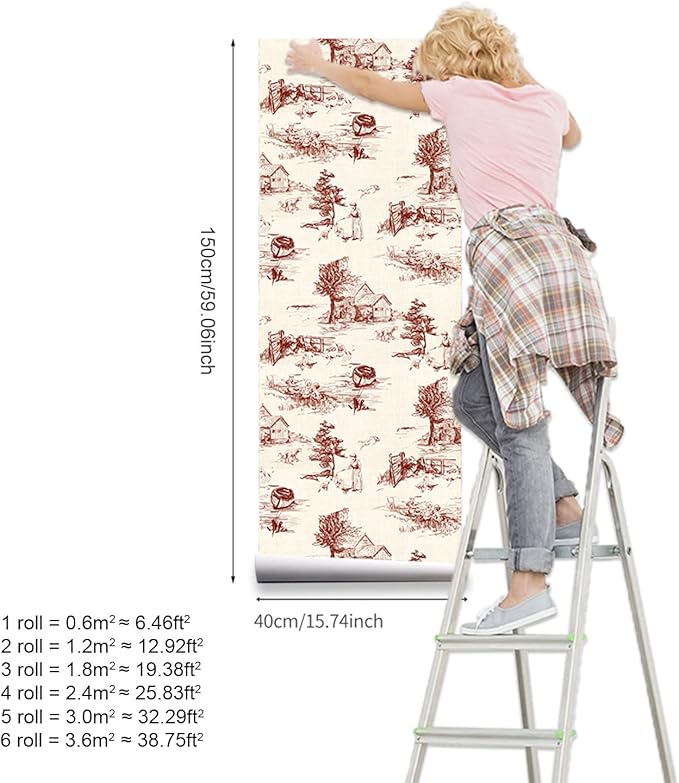 QUCHENG Chinoiserie Style Wallpaper Monochrome Wall Decor Toile de Jouy Landscape Dresser Decal Removabal Self Adhesive Sticker Peel and Stick Furniture Stickers Vintage Cabinet Decoration