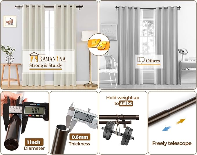KAMANINA 1 Inch Double Curtain Rod 36 to 72 Inches (3-6 Feet), Bronze Heavy Duty Curtain Rods for Windows, Telescoping Double Drapery Rods with End Caps