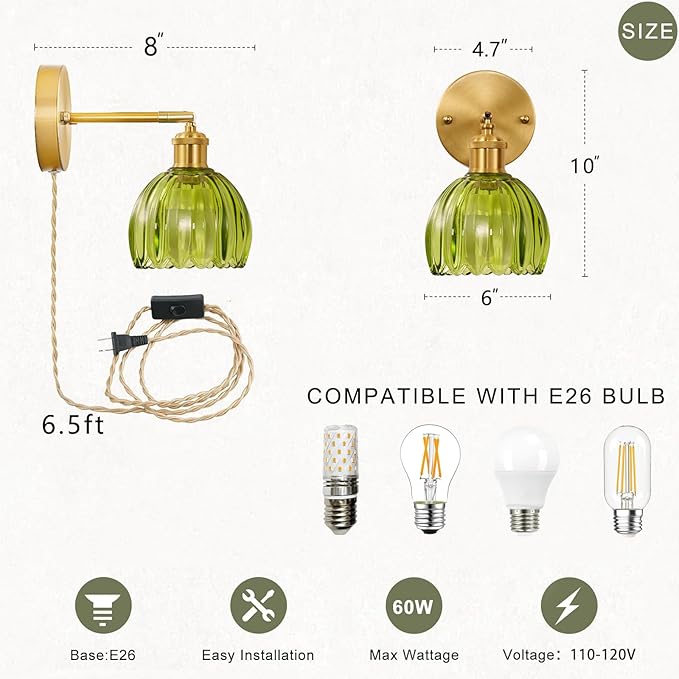 Glass Plug in Wall Sconces Set of 2, Vintage Wall Lamp with Plug in Cord Green Tulip Shade Decor Indoor, Gold Wall Light for Bedroom Bedside Kids Living Room Bathroom
