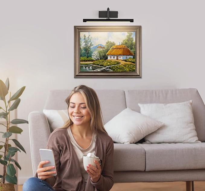 Joosenhouse Wireless Picture Light Battery Operate Library Light 15Inch 5000mAh Rechargeable Gallery Light with Remote Control Dimmer and Timer Off Function Black Wall Light