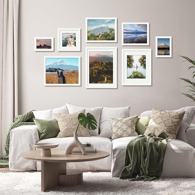 Egofine 11x14 Picture Frames 4PCS Covered by Plexiglass, Made of Solid Wood, Display Pictures 8x10/5x7 with Mat or 11x14 Without Mat for Table Top and Wall Mounting, White with Texture