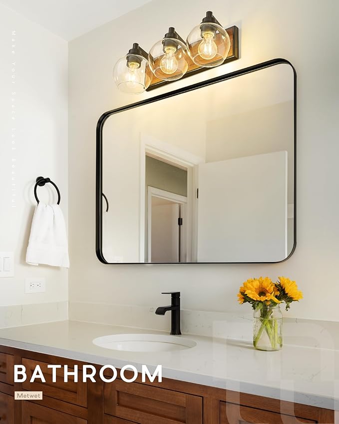 Bathroom Light Fixtures, 3-Light Black and Faux-Wood Finish Bathroom Vanity Light, Farmhouse Wall Sconces with Globe Clear Glass Shade, Vanity Lighting Fixtures Over Mirror, VL195-WB-3