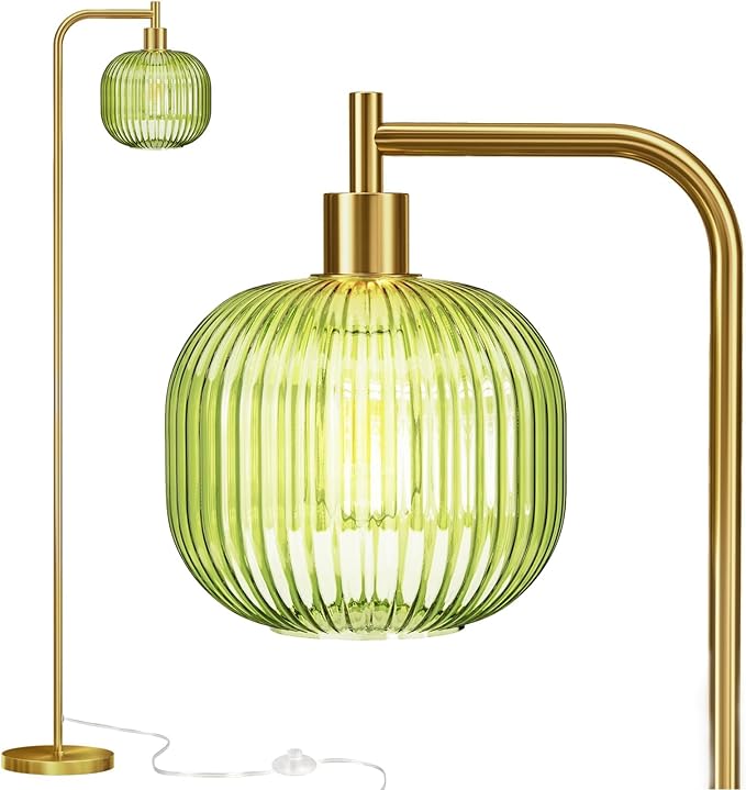 Glass Floor Lamp,67" Modern Standing Lamp with Green Ribbed Glass Lampshade Metal Pole for Living Room, Bedroom, Office - Heavy Base,Pedal Switch(Include E26 Bulb)