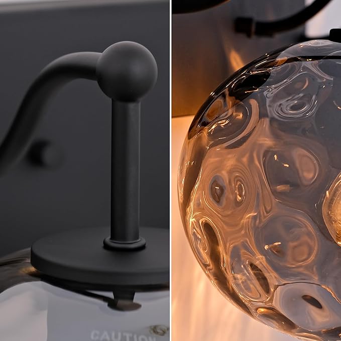 23" Matte Black Vanity Light Smoked Hammered Glass Wall Sconce 3-Light Grey Lampshade Wall Lamp for Hallway Living Room Stairwell Bathroom Over Mirror